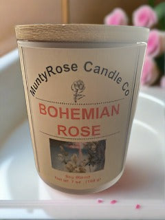 Bohemian Rose - Powder Room Mini - 7 oz Frosted Glass Candle Jar with Wood Top