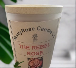 The Rebel Rose - Powder Room Mini- 7oz Frosted Glass Candle Jar with Wood Top