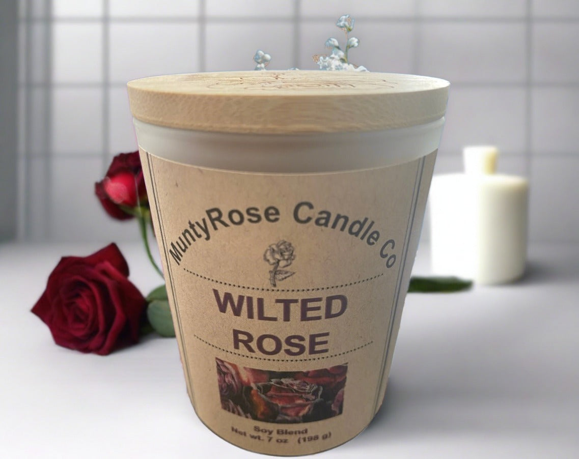 Wilted Rose - Powder Room Mini - 7 oz Frosted Glass Candle Jar with Wood Top